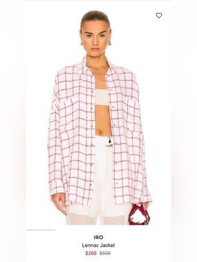 New! IRO Lennac Pink and White Windowpane Button-Down Shirt Jacket, sz 36